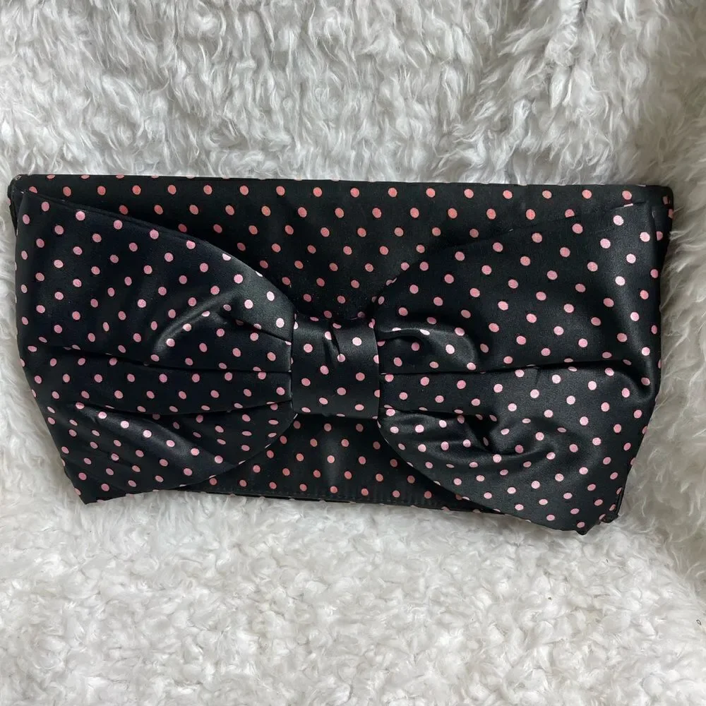 COPY - Betsey Johnson Satin Navy blue and pink polka dots Satin clutch with bow…